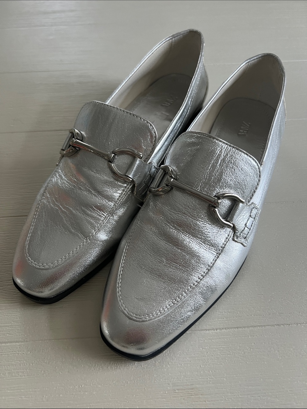 Zara Silver Leather Bit Loafers - Womens
